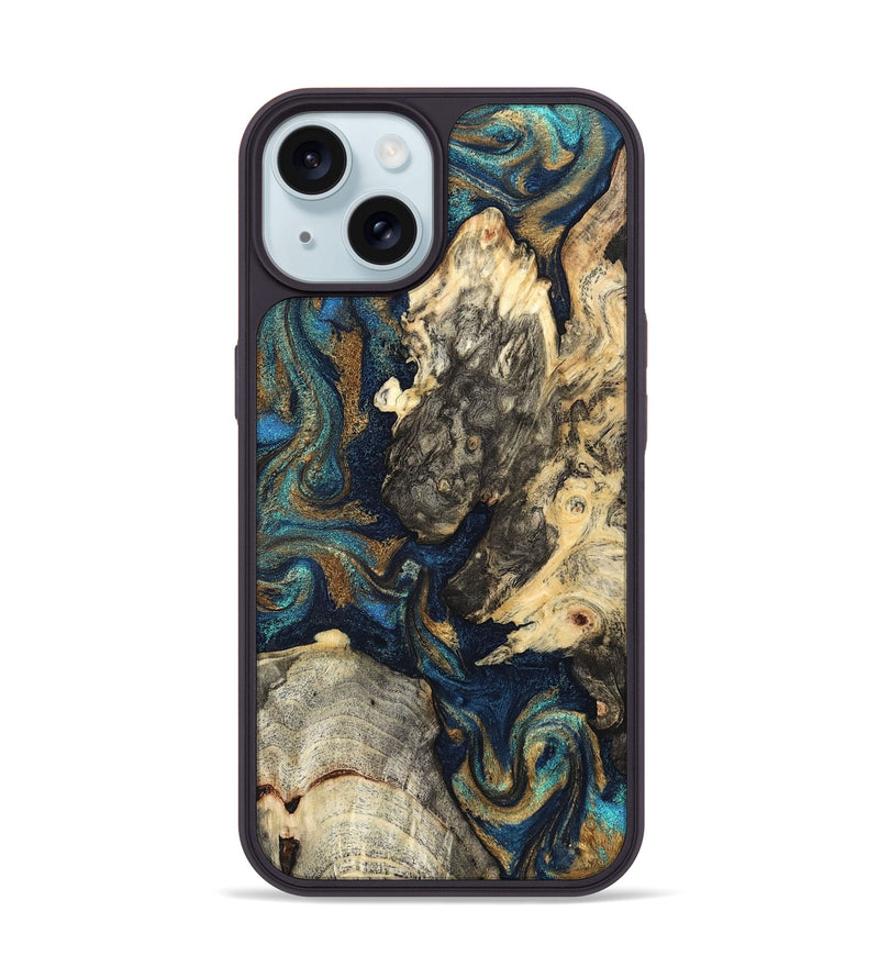 iPhone 15 Wood Phone Case - Leander (Teal & Gold, 827508)