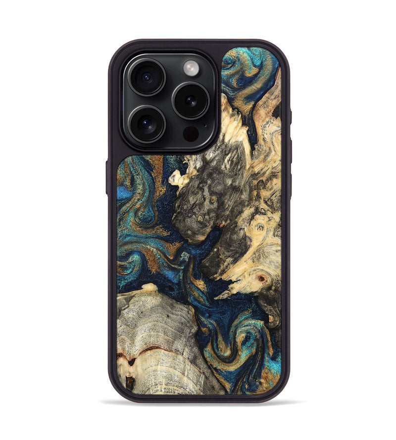 iPhone 15 Pro Wood Phone Case - Leander (Teal & Gold, 827508)
