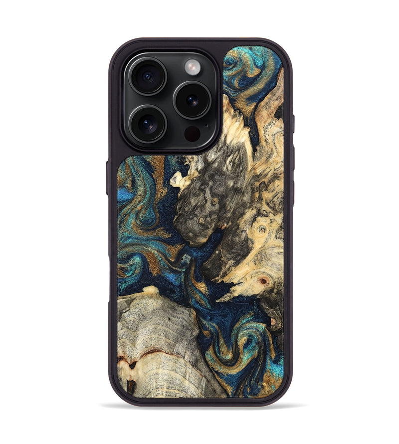 iPhone 16 Pro Wood Phone Case - Leander (Teal & Gold, 827508)