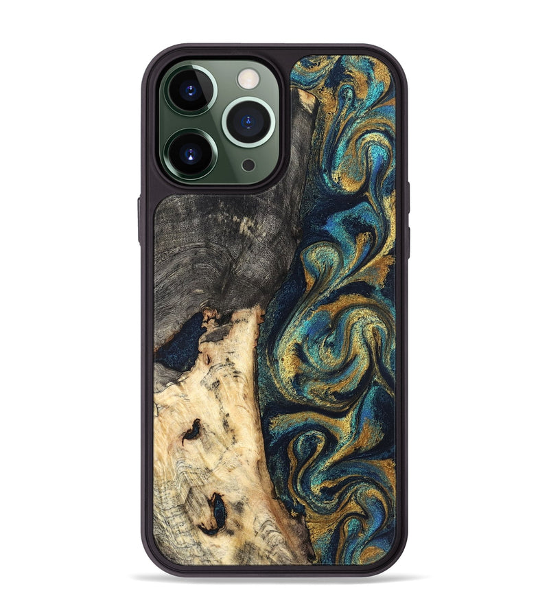 iPhone 13 Pro Max Wood Phone Case - Edward (Teal & Gold, 827509)
