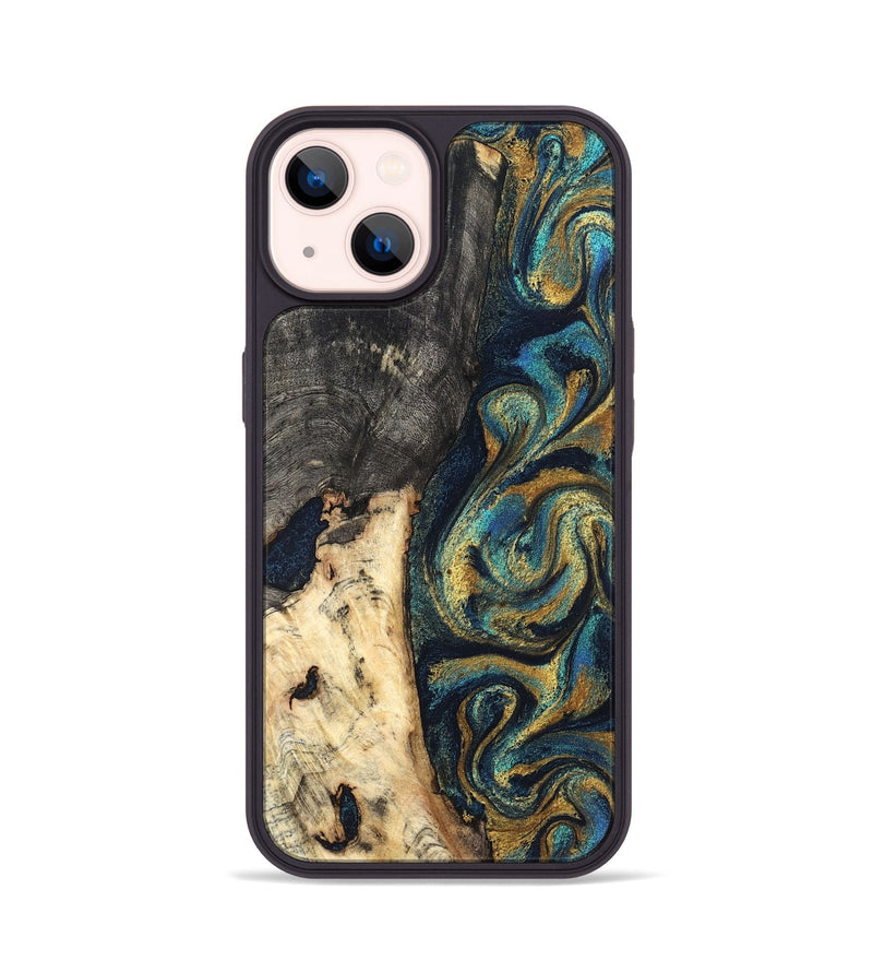 iPhone 14 Wood Phone Case - Edward (Teal & Gold, 827509)