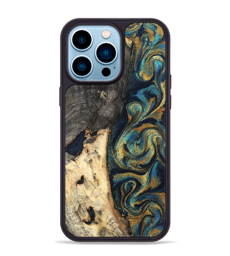 iPhone 14 Pro Max Wood Phone Case - Edward (Teal & Gold, 827509)