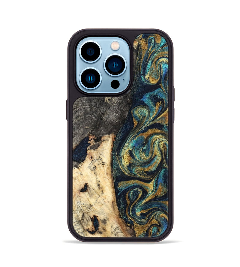 iPhone 14 Pro Wood Phone Case - Edward (Teal & Gold, 827509)