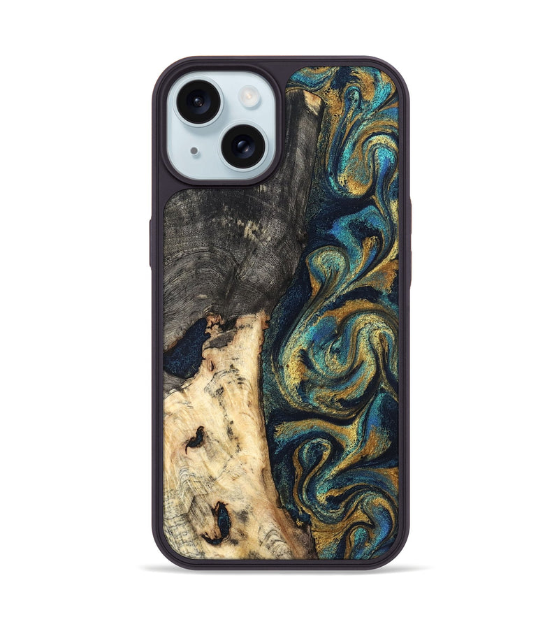 iPhone 15 Wood Phone Case - Edward (Teal & Gold, 827509)