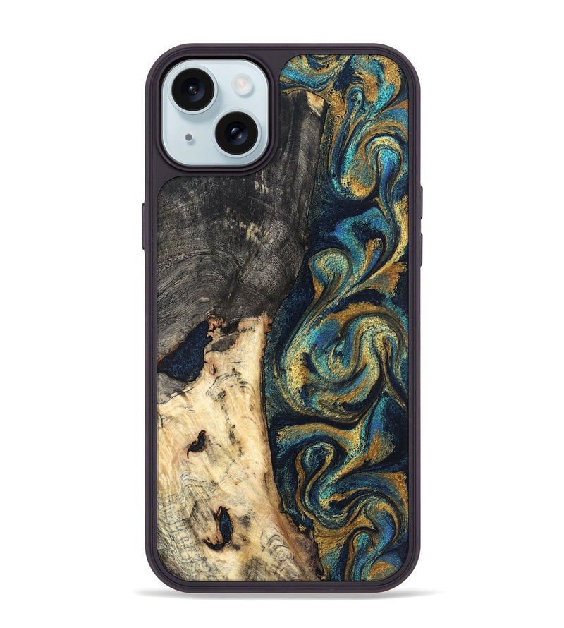 iPhone 15 Plus Wood Phone Case - Edward (Teal & Gold, 827509)