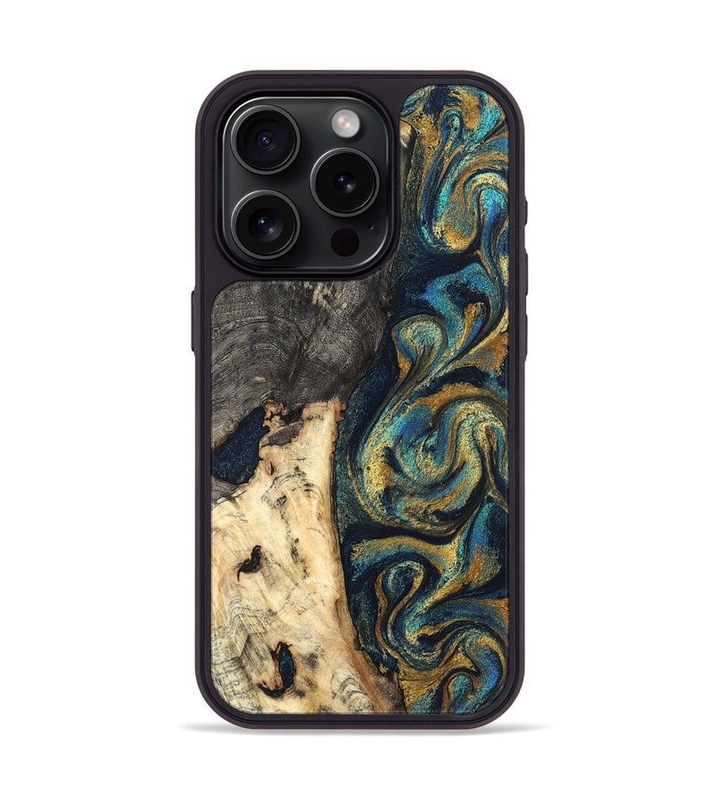 iPhone 15 Pro Wood Phone Case - Edward (Teal & Gold, 827509)