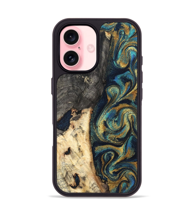 iPhone 16 Wood Phone Case - Edward (Teal & Gold, 827509)