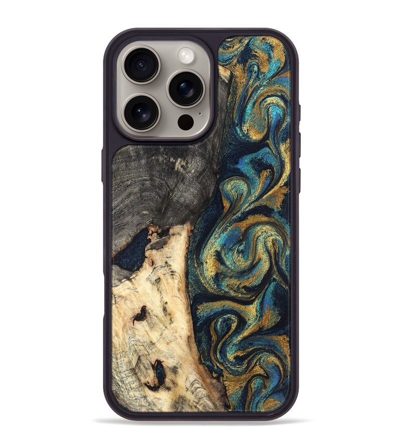 iPhone 16 Pro Max Wood Phone Case - Edward (Teal & Gold, 827509)