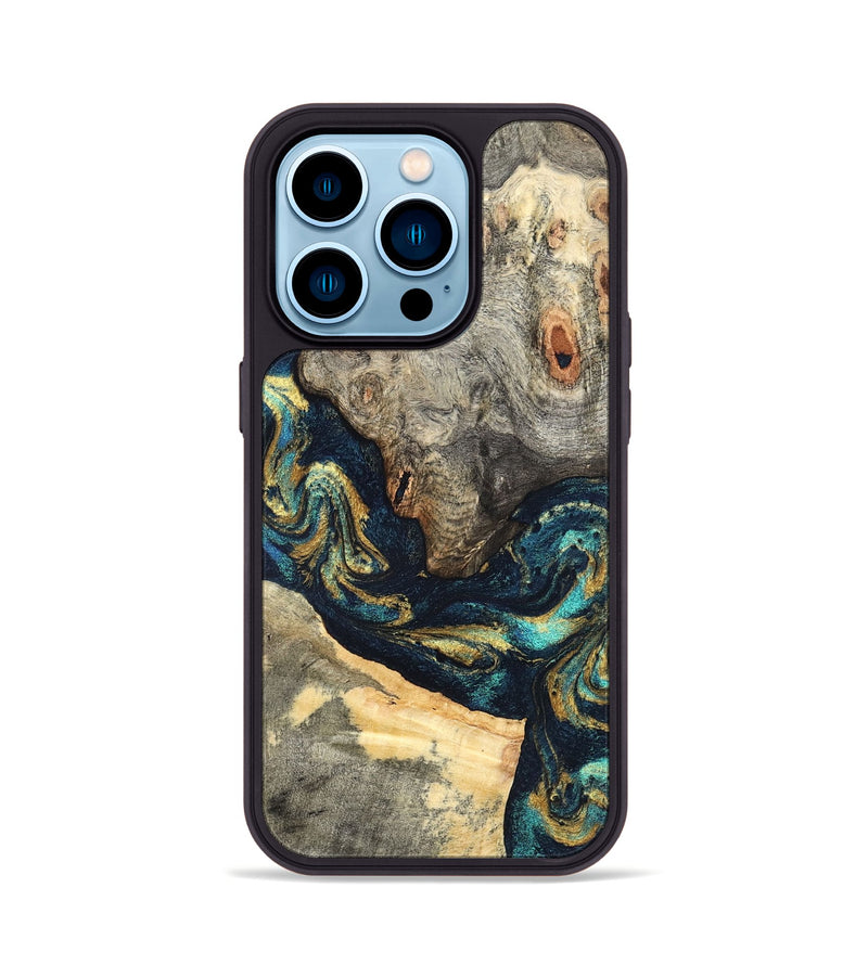 iPhone 14 Pro Wood Phone Case - Garrick (Teal & Gold, 827510)