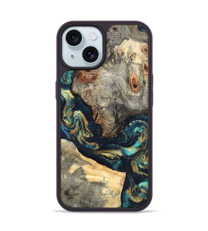 iPhone 15 Wood Phone Case - Garrick (Teal & Gold, 827510)