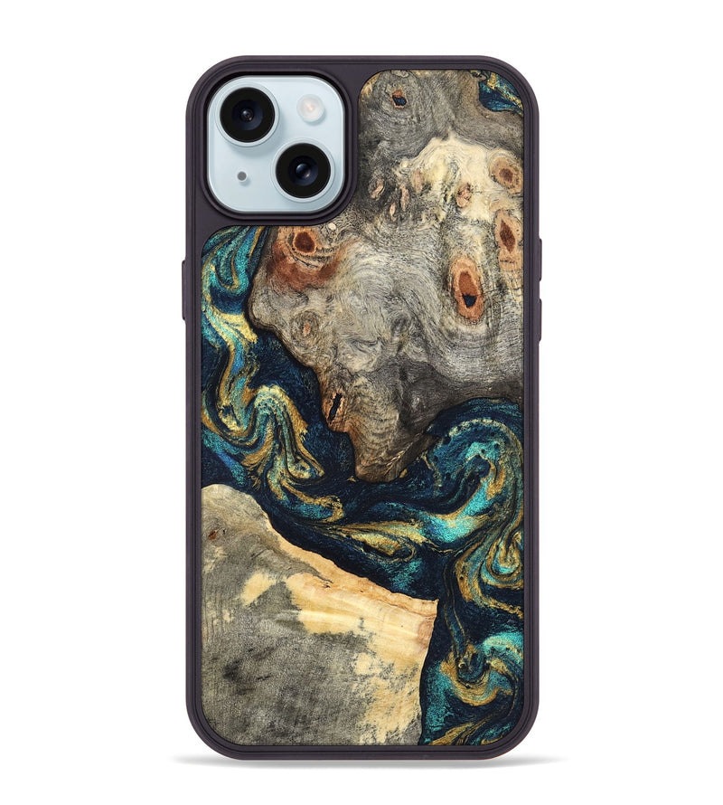 iPhone 15 Plus Wood Phone Case - Garrick (Teal & Gold, 827510)