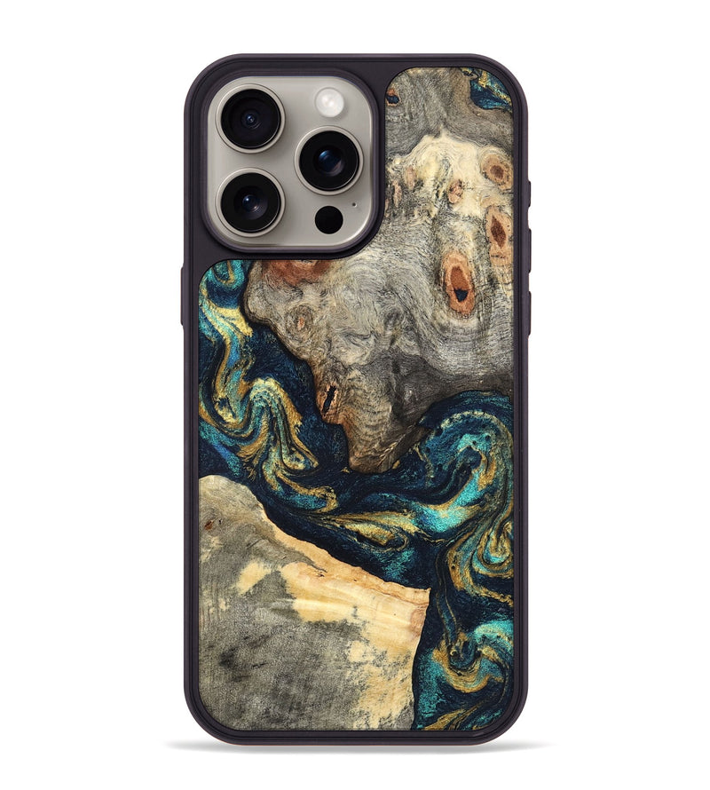 iPhone 15 Pro Max Wood Phone Case - Garrick (Teal & Gold, 827510)