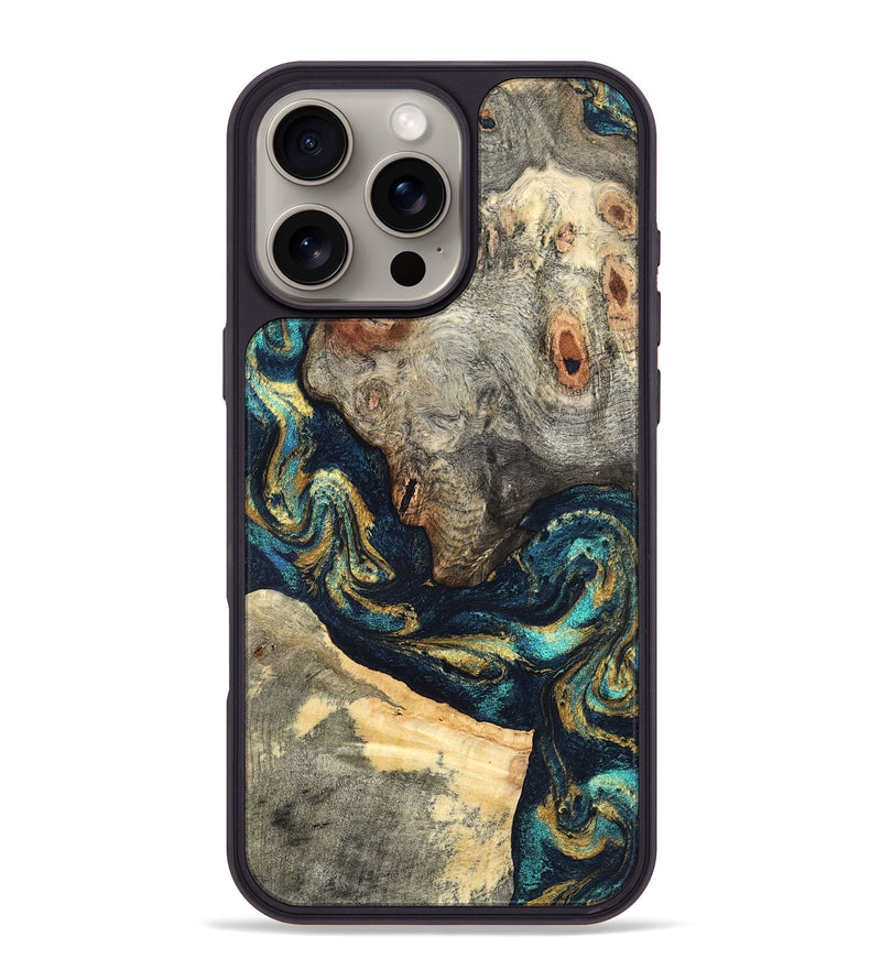 iPhone 16 Pro Max Wood Phone Case - Garrick (Teal & Gold, 827510)