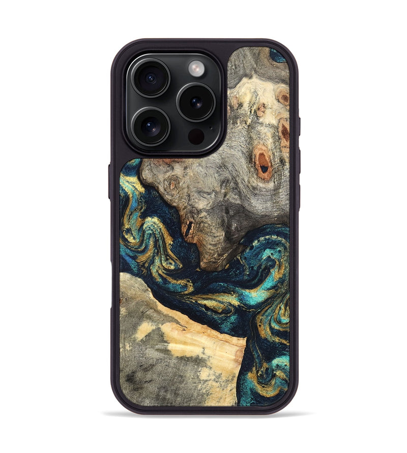 iPhone 16 Pro Wood Phone Case - Garrick (Teal & Gold, 827510)