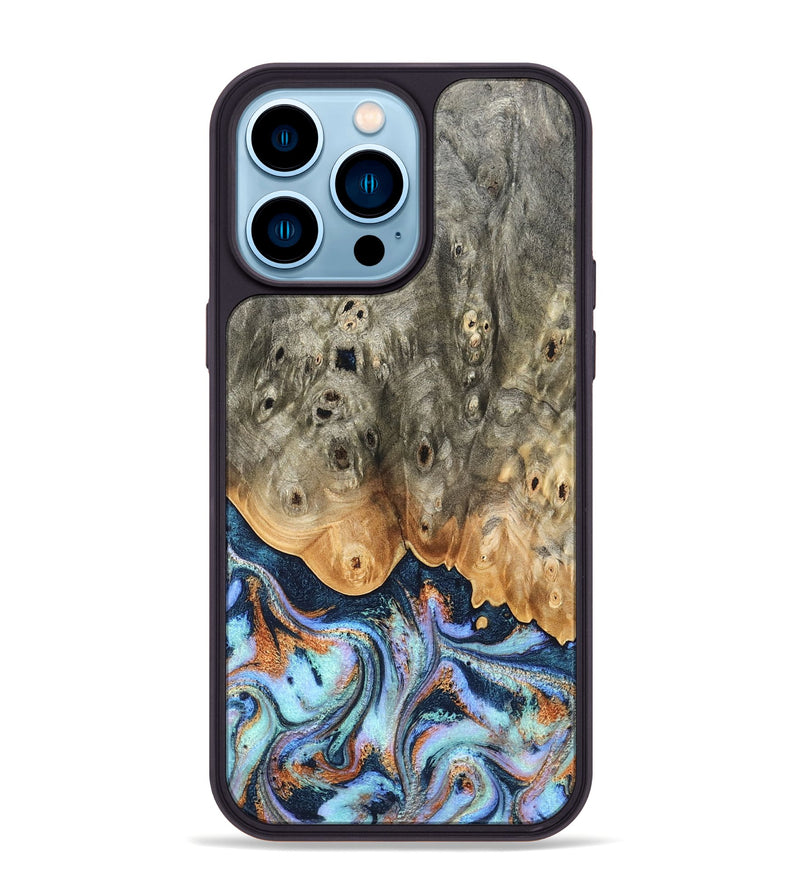 iPhone 14 Pro Max Wood Phone Case - Loy (Teal & Gold, 827511)