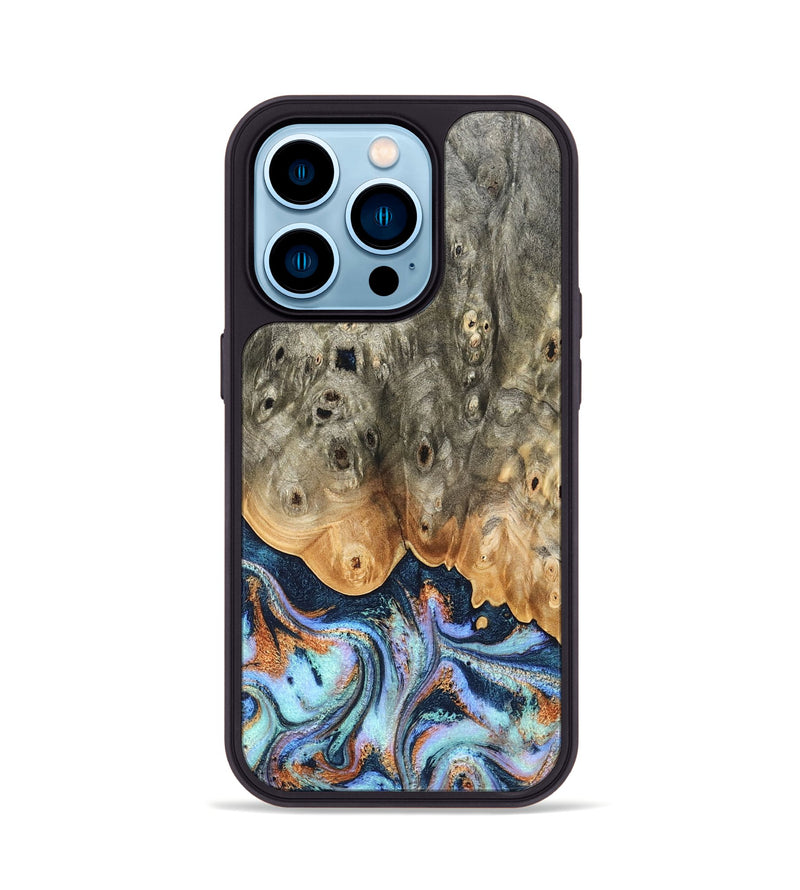 iPhone 14 Pro Wood Phone Case - Loy (Teal & Gold, 827511)