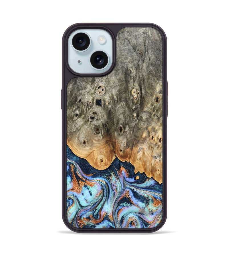 iPhone 15 Wood Phone Case - Loy (Teal & Gold, 827511)