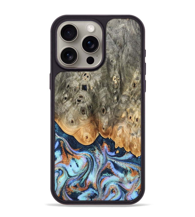 iPhone 15 Pro Max Wood Phone Case - Loy (Teal & Gold, 827511)