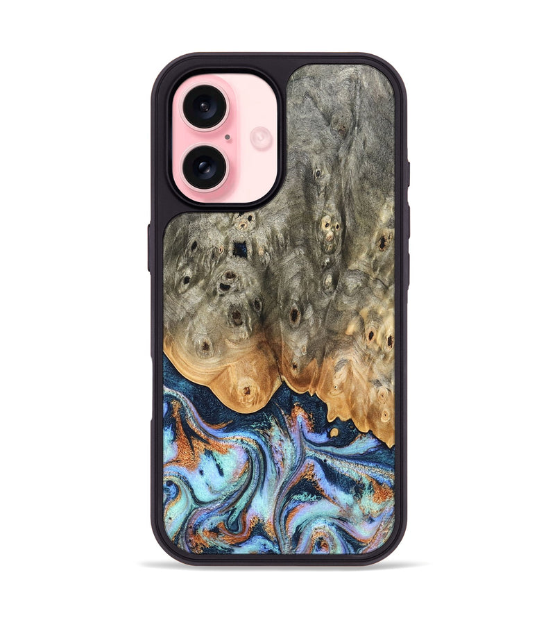 iPhone 16 Wood Phone Case - Loy (Teal & Gold, 827511)