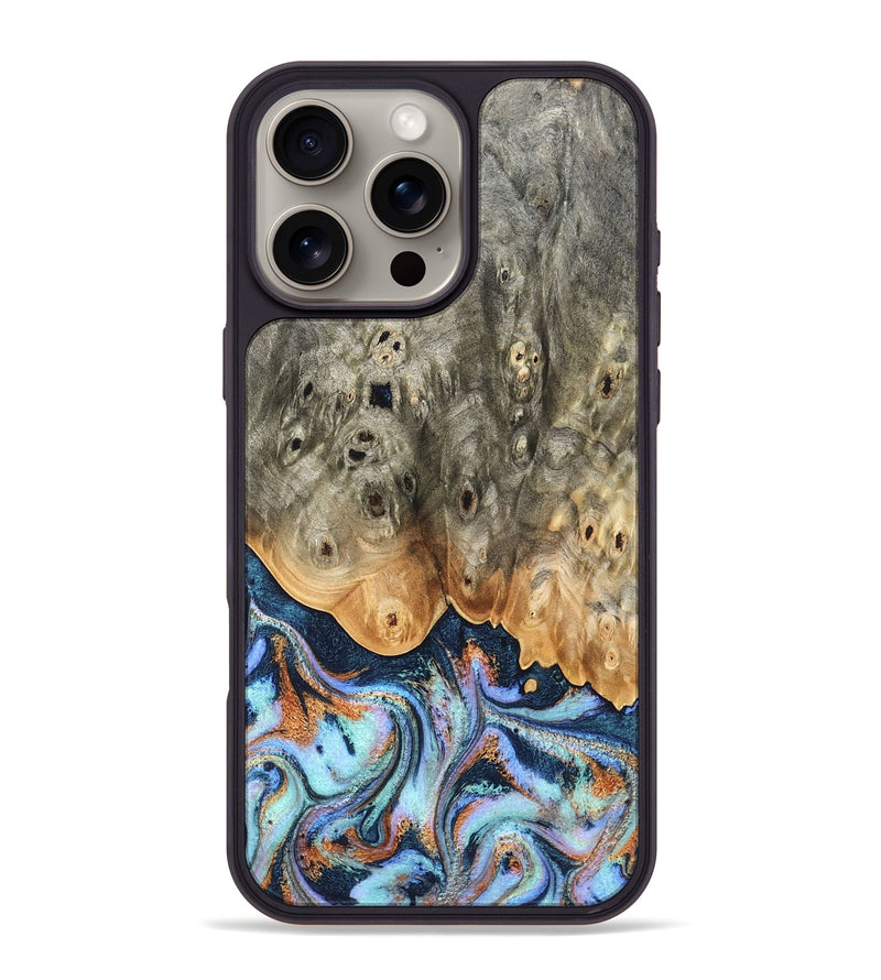 iPhone 16 Pro Max Wood Phone Case - Loy (Teal & Gold, 827511)