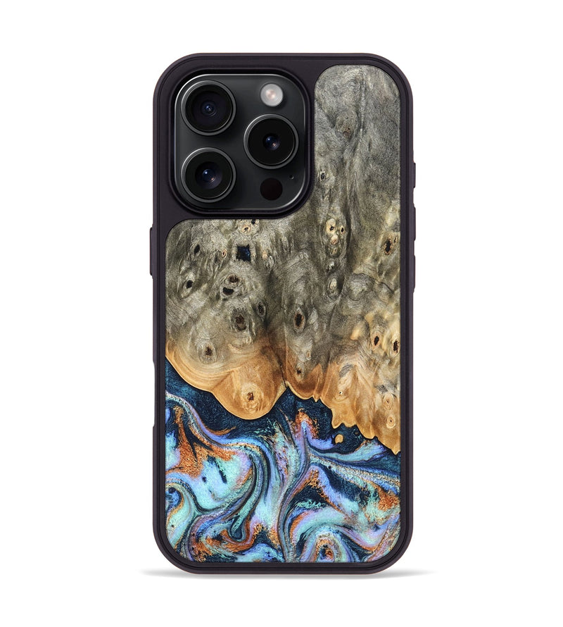 iPhone 16 Pro Wood Phone Case - Loy (Teal & Gold, 827511)