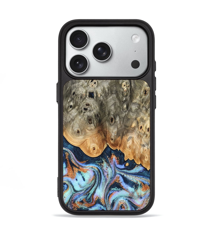 iPhone 18 Pro Wood Phone Case - Loy (Teal & Gold, 827511)