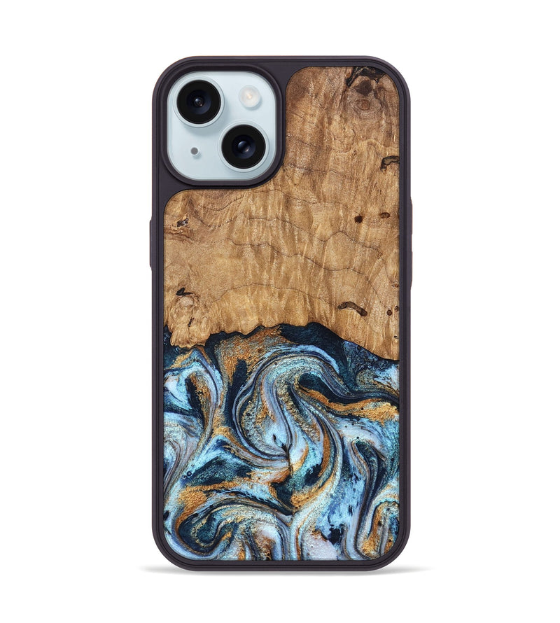 iPhone 15 Wood Phone Case - Admiral (Teal & Gold, 827512)