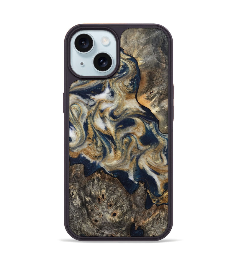 iPhone 15 Wood Phone Case - Zuri (Teal & Gold, 827513)