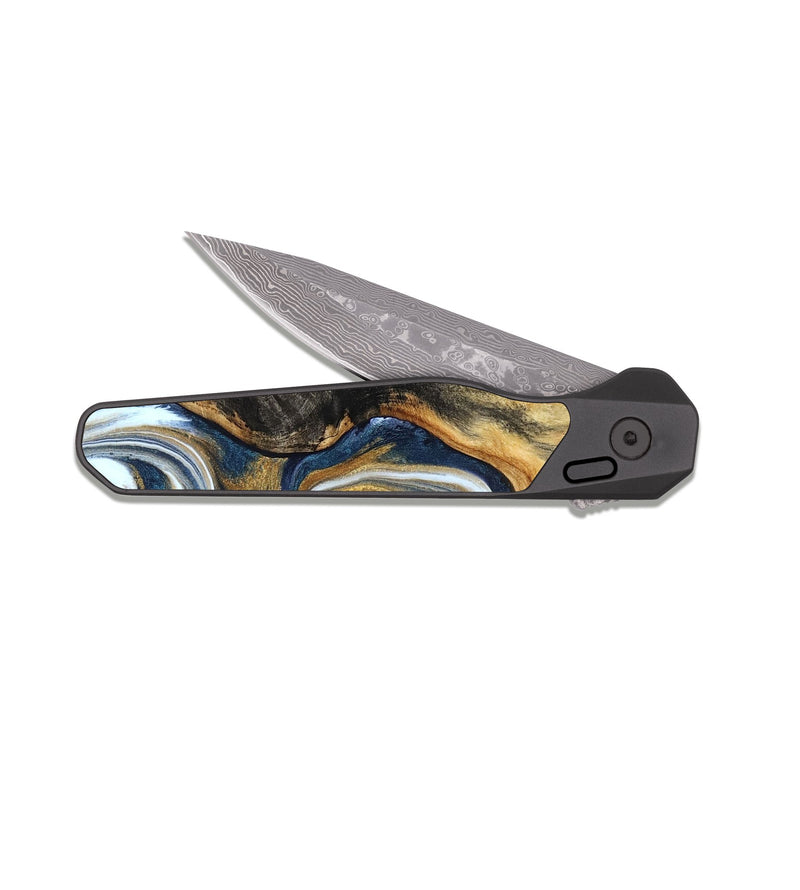 EDC Dark Damascus Wood Pocket Knife - Ardis (Teal & Gold, 827587)
