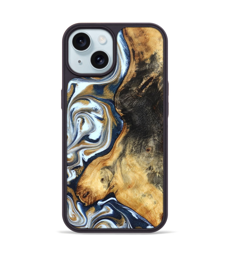 iPhone 15 Wood Phone Case - Ardis (Teal & Gold, 827587)