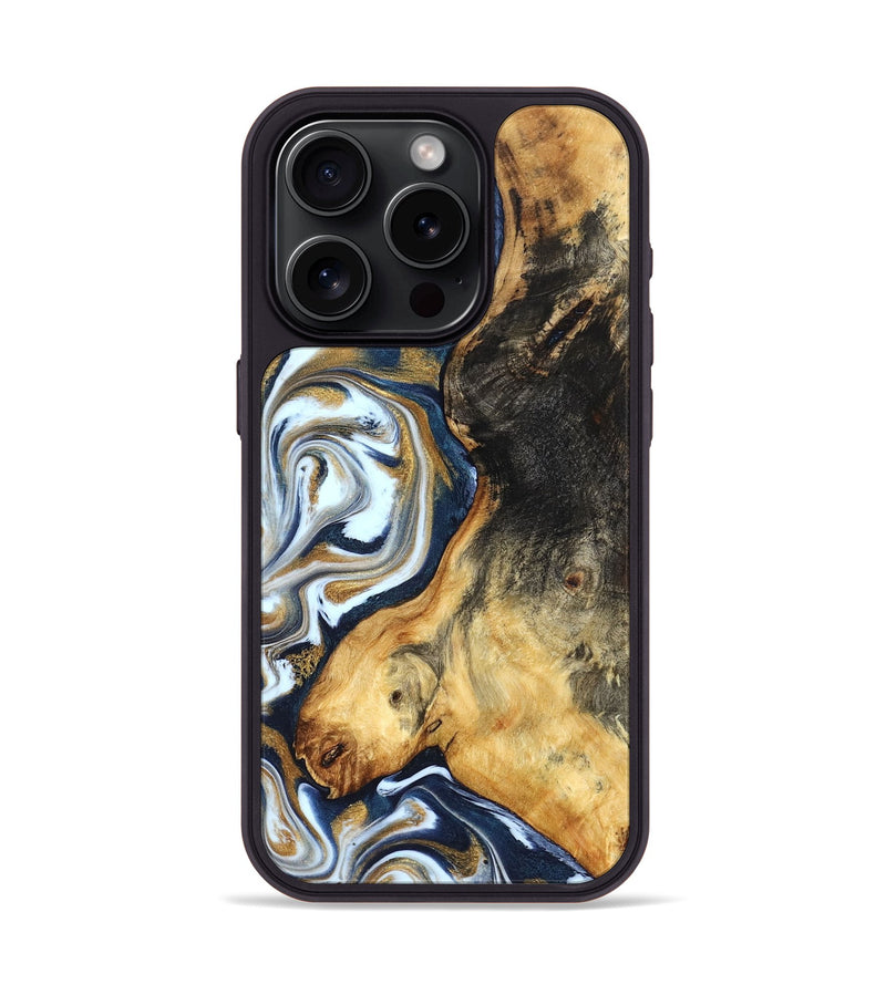 iPhone 15 Pro Wood Phone Case - Ardis (Teal & Gold, 827587)
