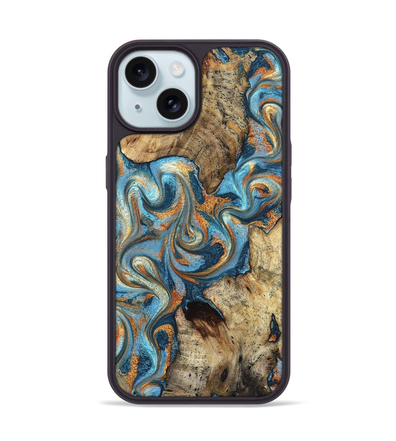 iPhone 15 Wood Phone Case - Marlon (Teal & Gold, 827588)