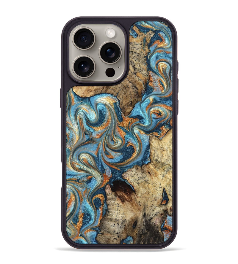 iPhone 16 Pro Max Wood Phone Case - Marlon (Teal & Gold, 827588)