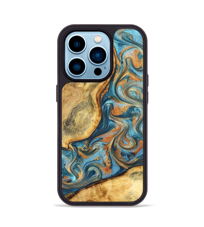 iPhone 14 Pro Wood Phone Case - David (Teal & Gold, 827788)