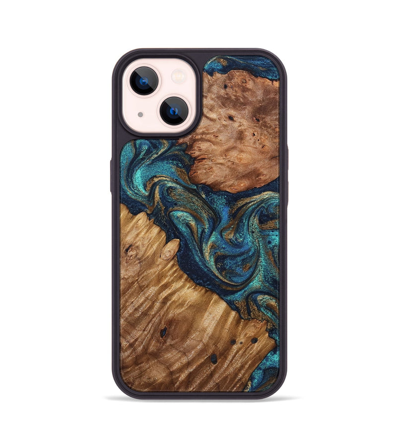 iPhone 14 Wood Phone Case - Dortha (Teal & Gold, 827789)
