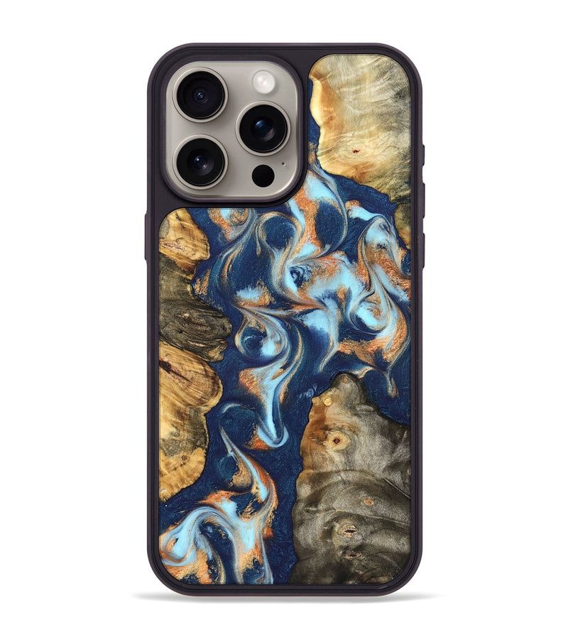 iPhone 15 Pro Max Wood Phone Case - Johnnie (Teal & Gold, 827795)