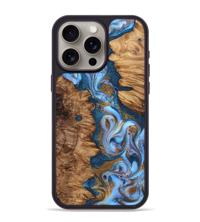 iPhone 15 Pro Max Wood Phone Case - Casper (Teal & Gold, 827798)