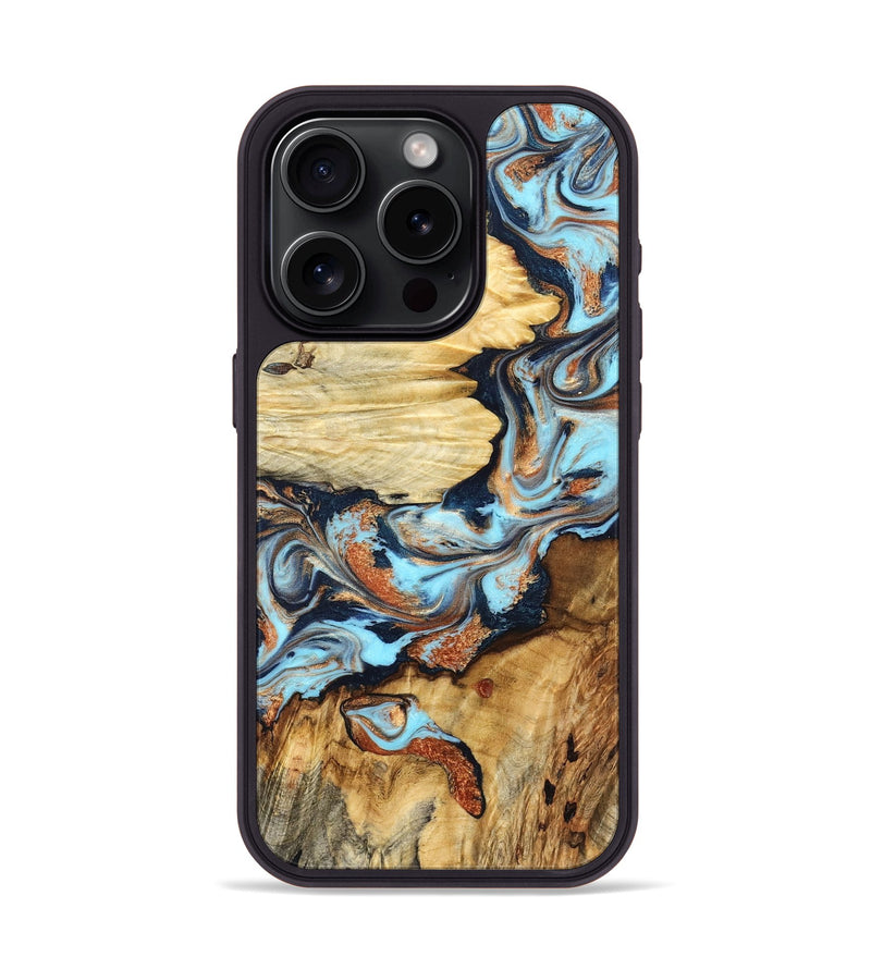 iPhone 15 Pro Wood Phone Case - Alecia (Teal & Gold, 827799)