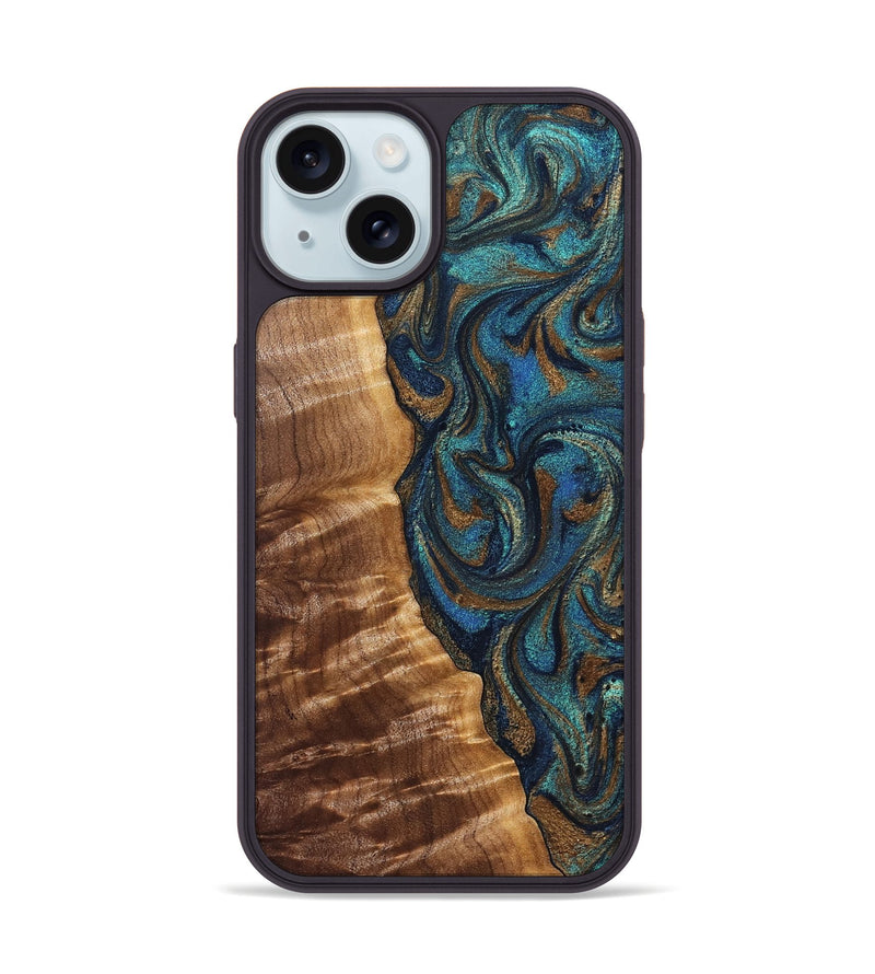 iPhone 15 Wood Phone Case - Lavinia (Teal & Gold, 827800)