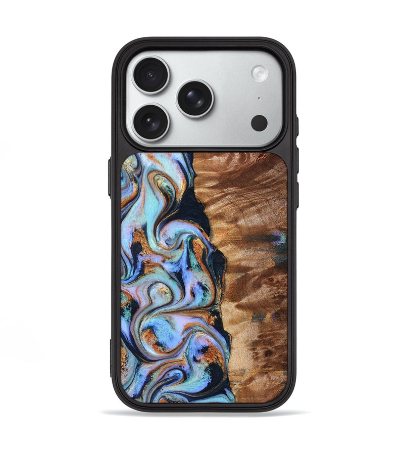 iPhone 18 Pro Wood Phone Case - Verla (Teal & Gold, 827801)