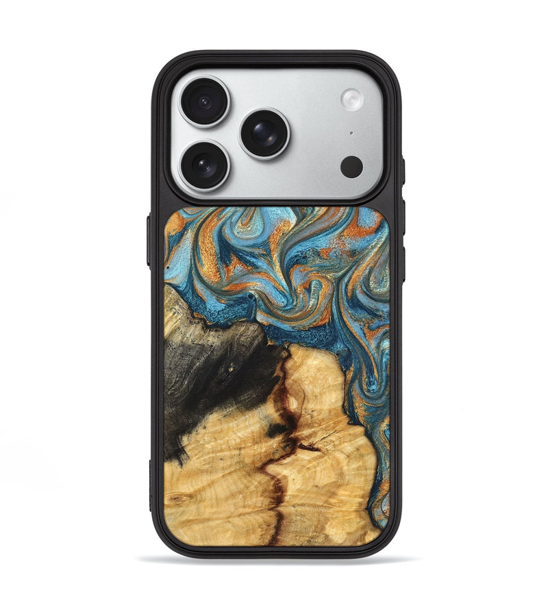 iPhone 18 Pro Wood Phone Case - Dovie (Teal & Gold, 827803)