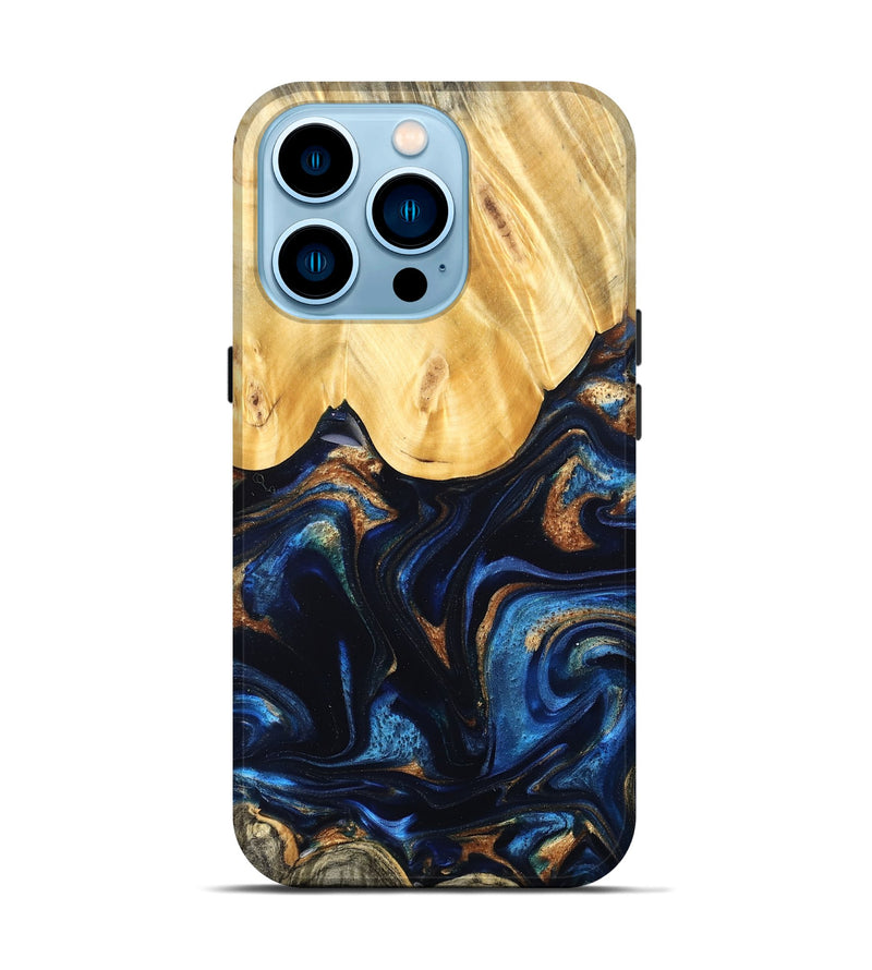 iPhone 14 Pro Wood Live Edge Phone Case - Keegan (Teal & Gold, 827867)