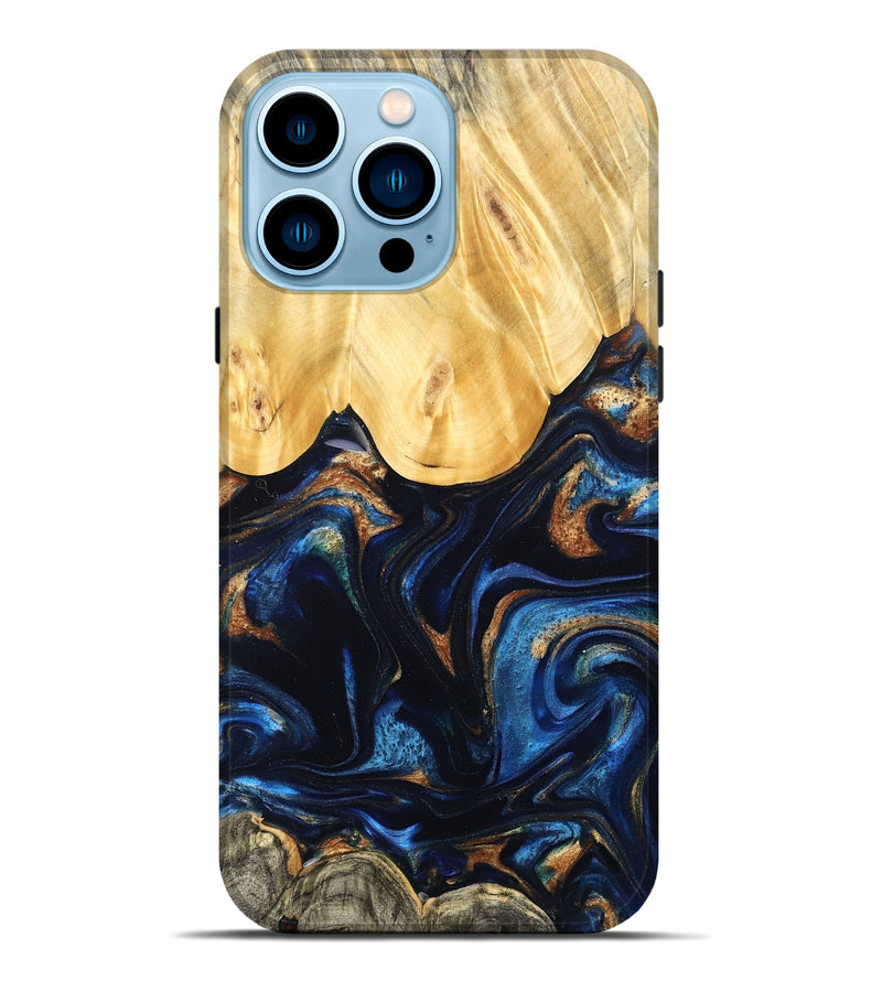 iPhone 14 Pro Max Wood Live Edge Phone Case - Keegan (Teal & Gold, 827867)