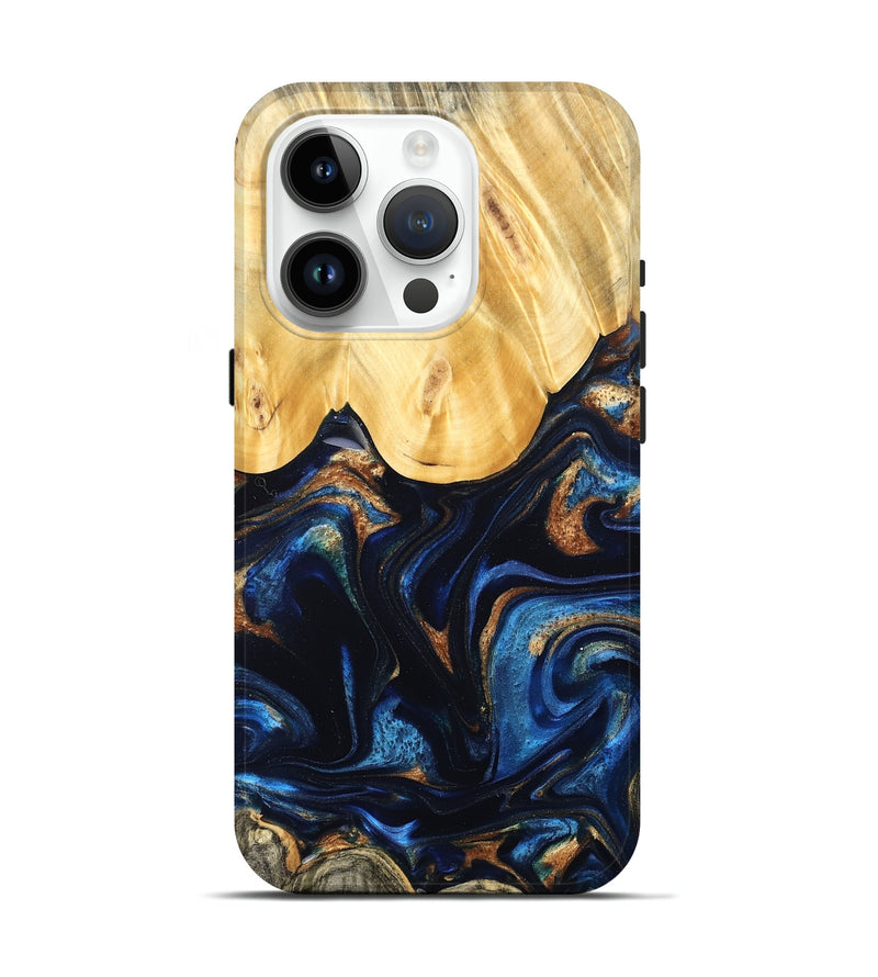 iPhone 15 Pro Wood Live Edge Phone Case - Keegan (Teal & Gold, 827867)