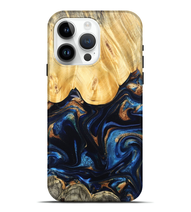 iPhone 15 Pro Max Wood Live Edge Phone Case - Keegan (Teal & Gold, 827867)