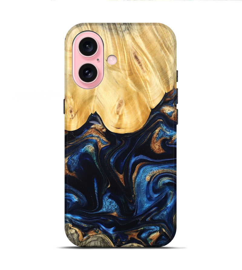 iPhone 16 Wood Live Edge Phone Case - Keegan (Teal & Gold, 827867)