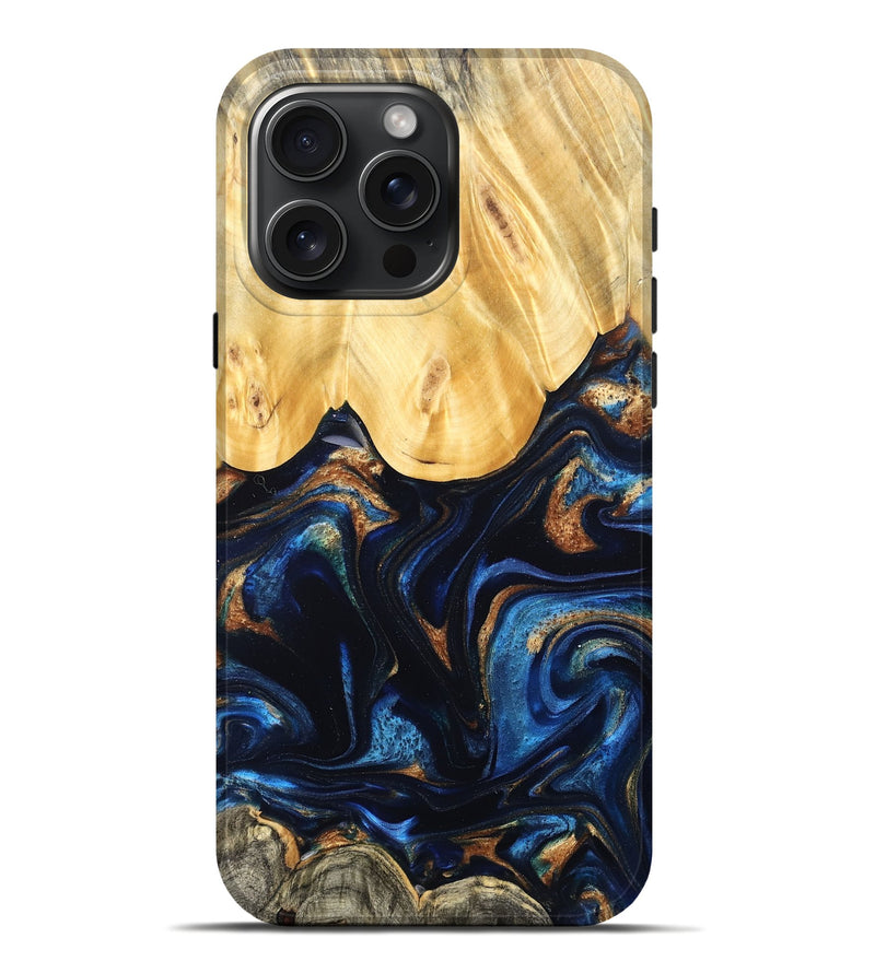 iPhone 16 Pro Max Wood Live Edge Phone Case - Keegan (Teal & Gold, 827867)