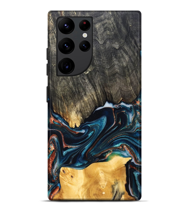 Galaxy S22 Ultra Wood Live Edge Phone Case - Maurice (Teal & Gold, 827874)