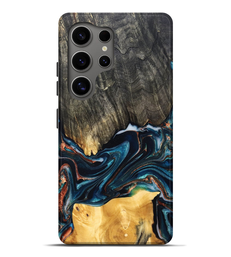 Galaxy S25 Ultra Wood Live Edge Phone Case - Maurice (Teal & Gold, 827874)
