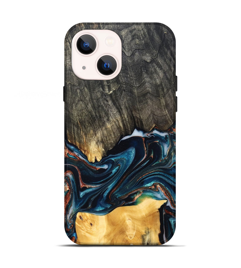 iPhone 13 Wood Live Edge Phone Case - Maurice (Teal & Gold, 827874)